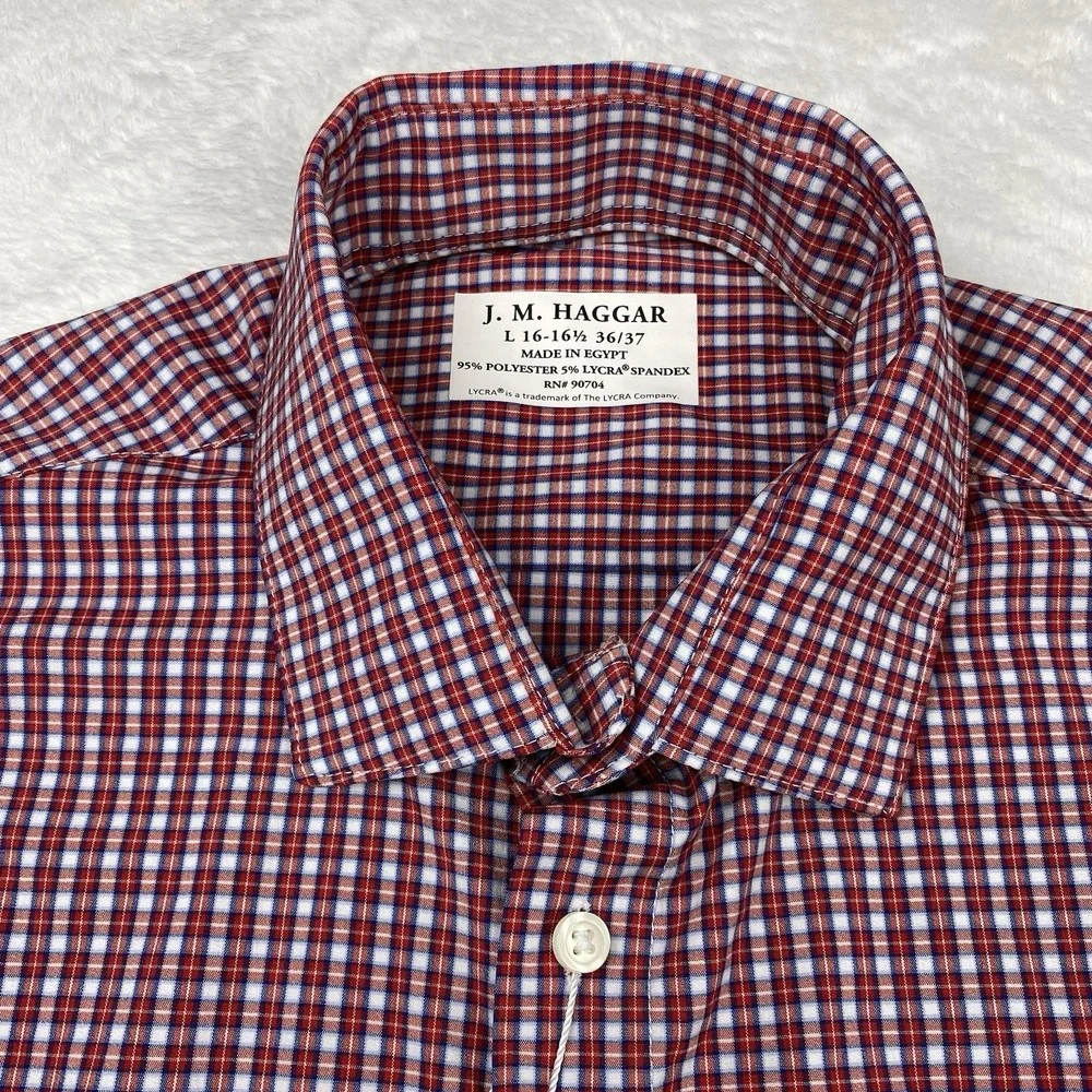 J. M. Haggar Premium Performance Shirt Mens 16.5-36/37 Red Checks No Iron NWT!
